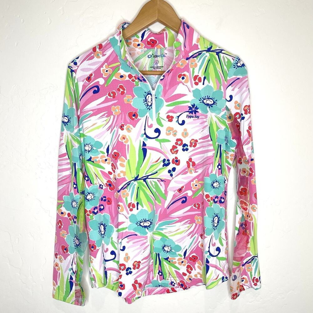 Ibkul Performance 1/4 Zip Popover Top Womens Small Poipu Bay Long Sleeve Print